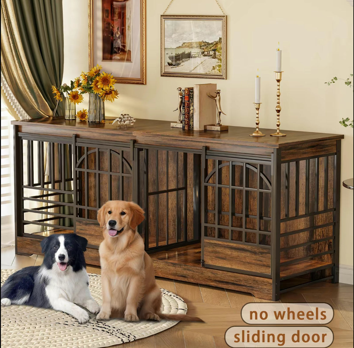 Brown Double Gate Large Dog Crate Furniture