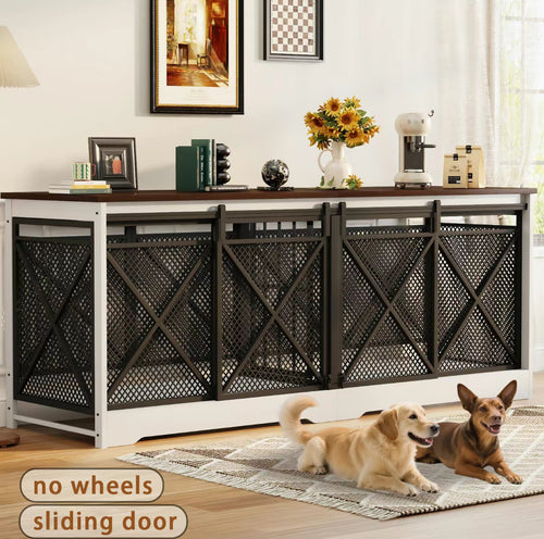 White Brown Double Gate Large Dog Crate Furniture