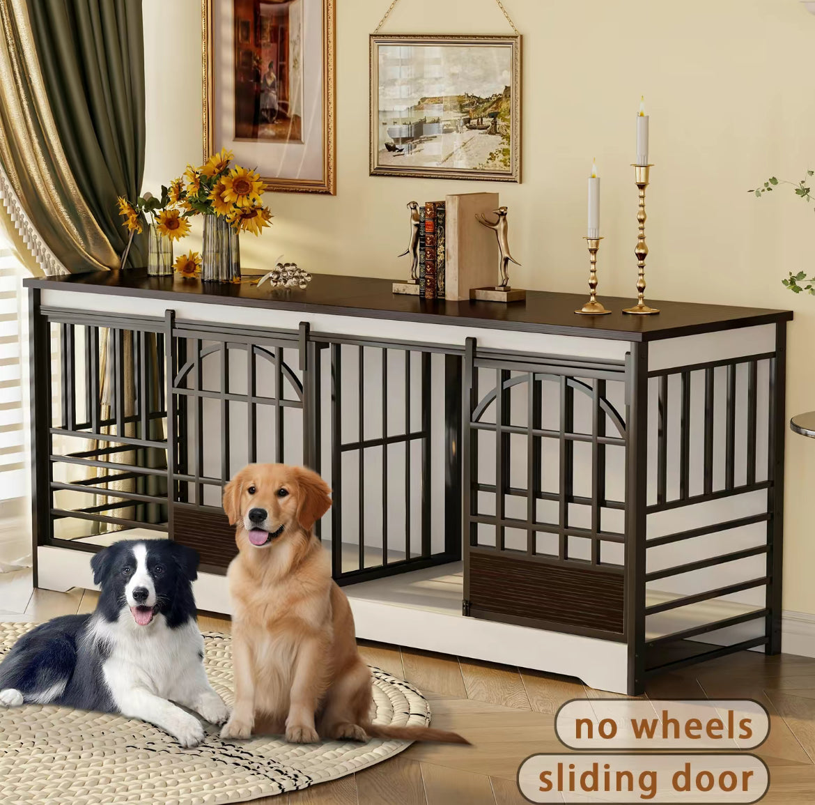 White Double Gate Large Dog Crate Furniture