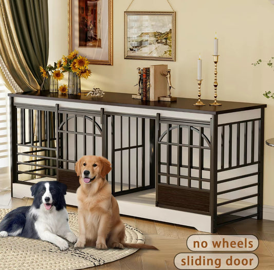 White Double Gate Large Dog Crate Furniture