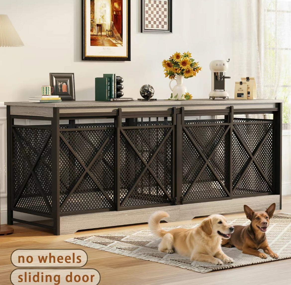 Grey Double Gate Large Dog Crate Furniture