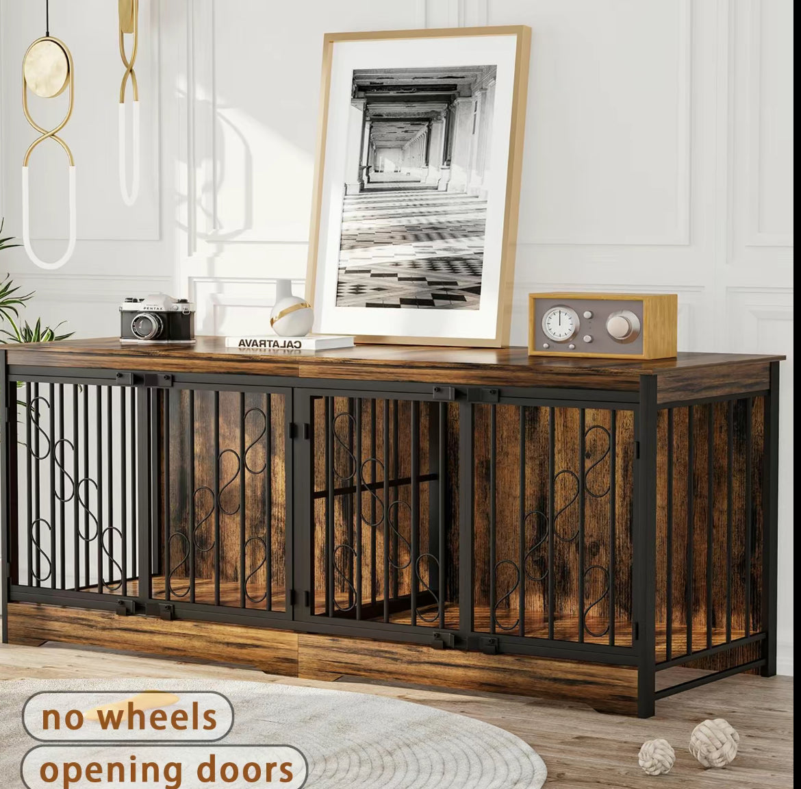 Brown Double Gate Large Dog Crate Furniture