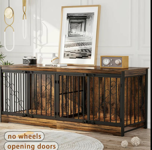 Brown Double Gate Large Dog Crate Furniture